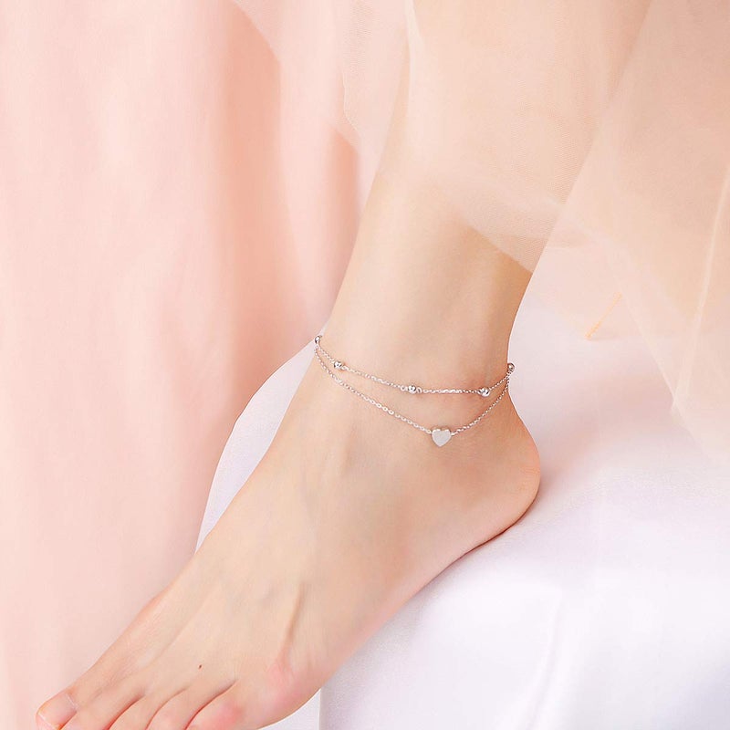 FLYOW Anklet for Women S925 Sterling Silver Adjustable Foot Beaded Heart Charm Ankle Bracelet Anklets Jewelry - Image 2